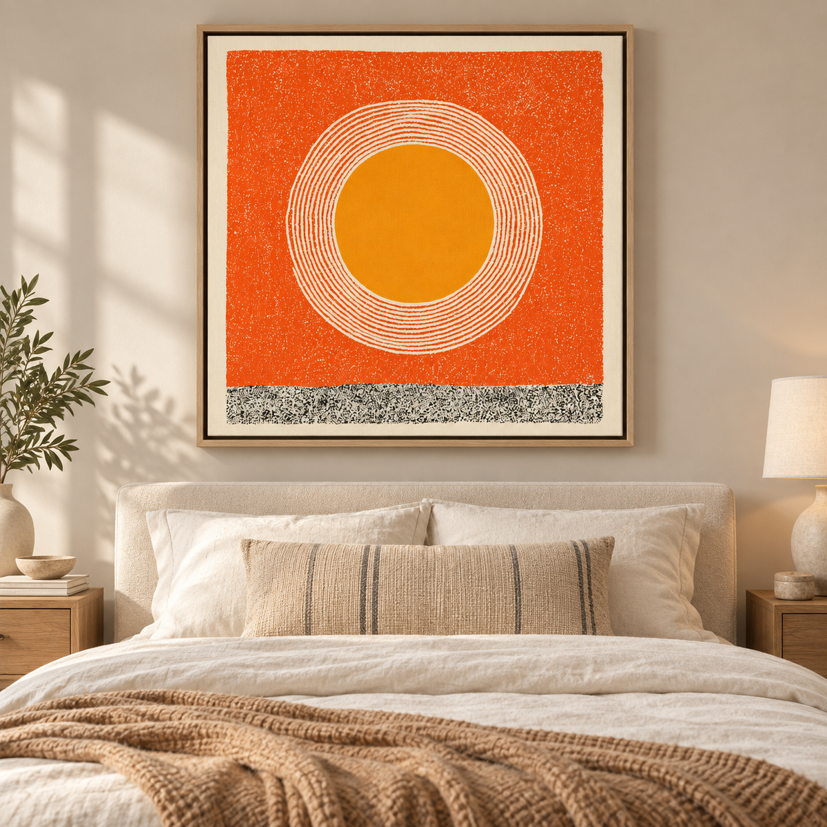 Sun painting hung above a bed in a warm bedroom — Amber Halo by Rossetti Art