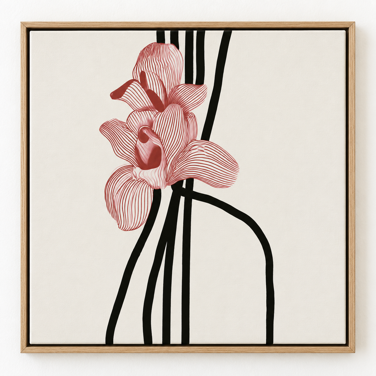 Floral line art canvas print with pink orchid and black linework – Crimson Orchid by Rossetti Art
