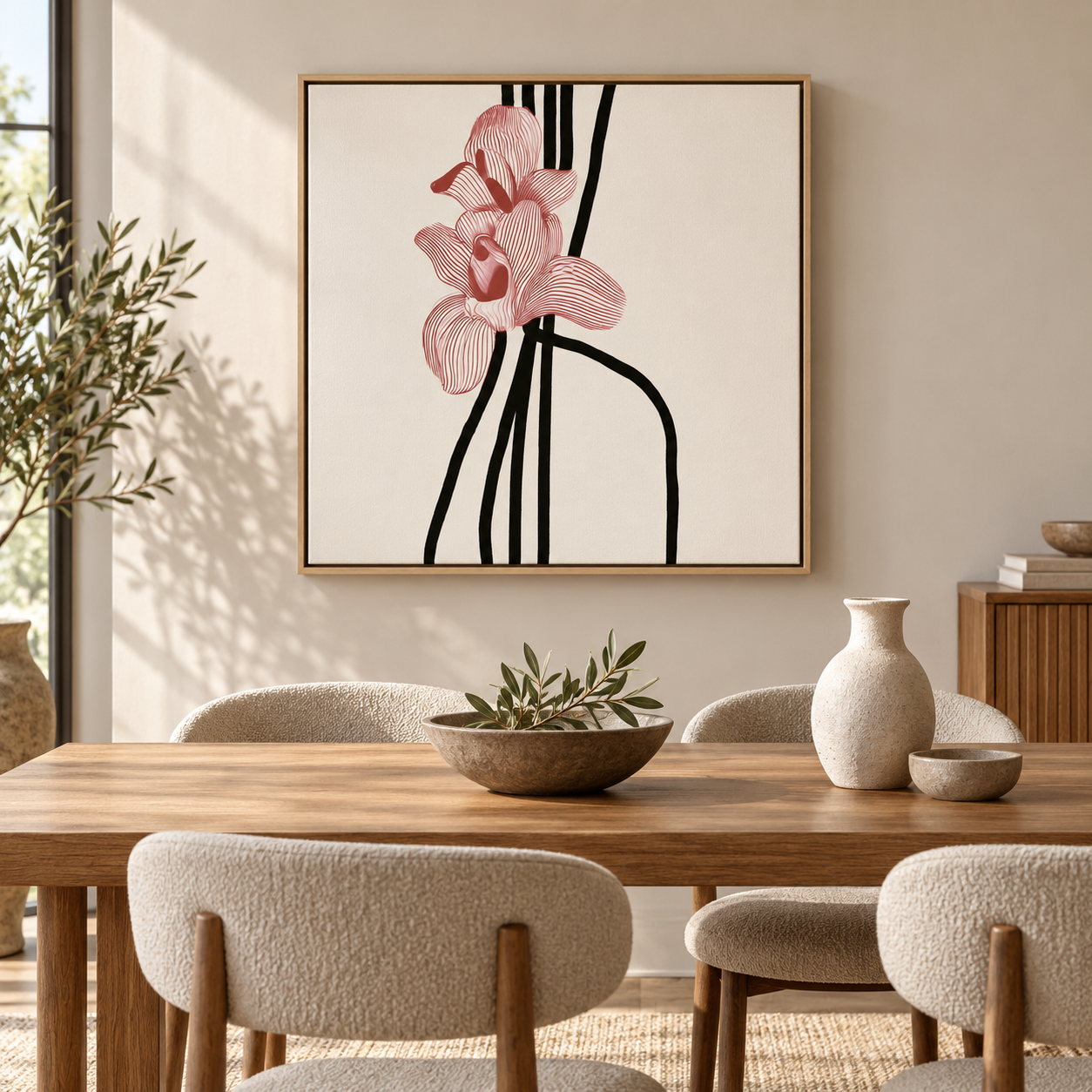 Crimson Orchid floral line art canvas print displayed above a dining table by Rossetti Art