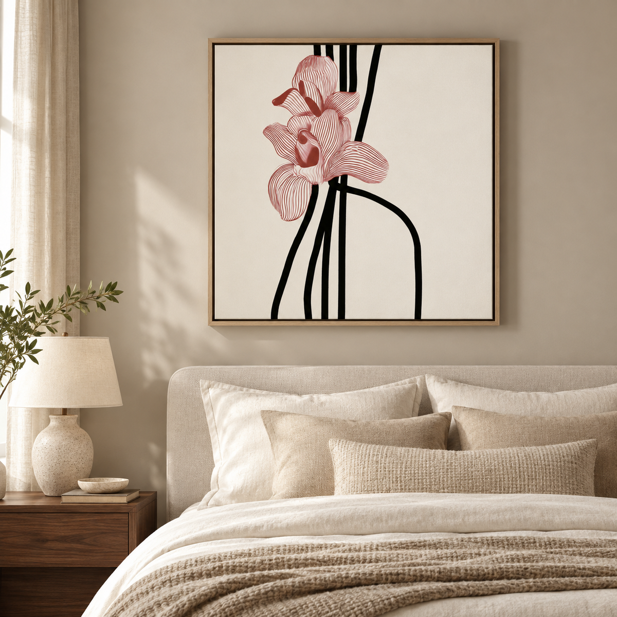 Crimson Orchid floral line art canvas print displayed in a bedroom by Rossetti Art