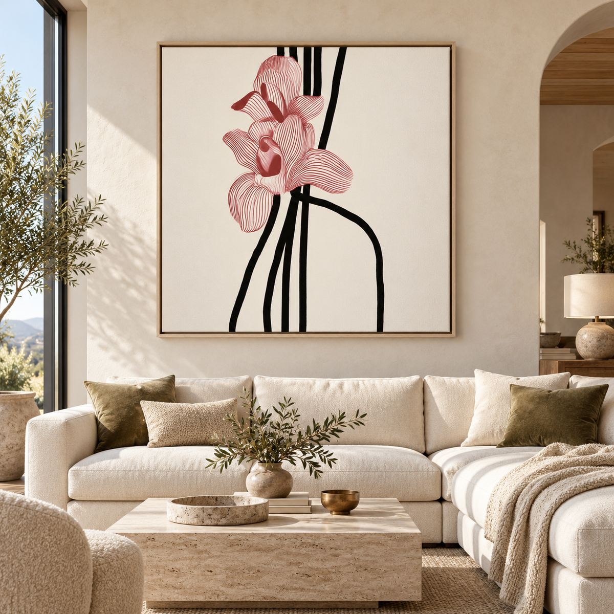 Crimson Orchid floral line art canvas print displayed in a living room by Rossetti Art