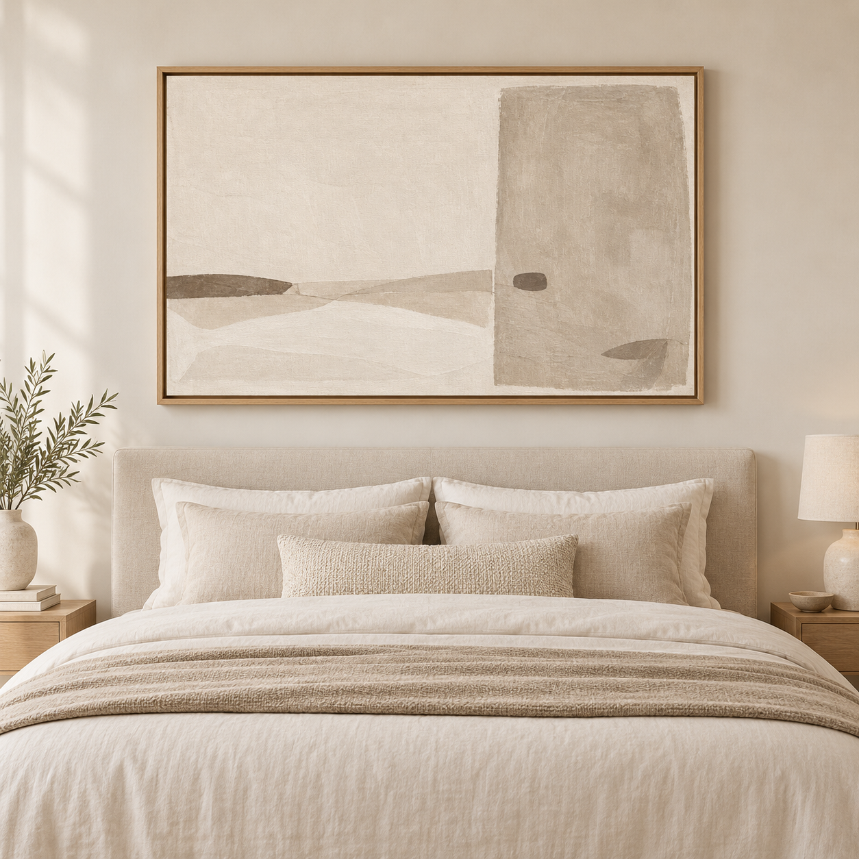 Taupe abstract art canvas print hung above a bed in a neutral bedroom — Quiet Threshold by Rossetti Art