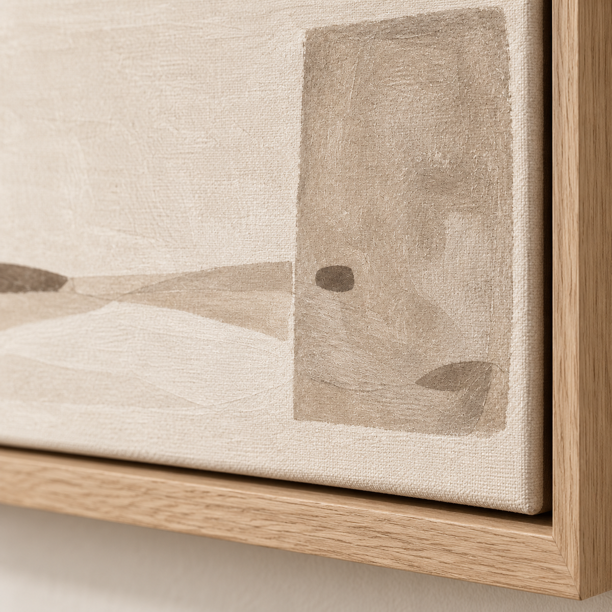 Close-up detail of the taupe abstract canvas texture and oak floater frame — Quiet Threshold by Rossetti Art