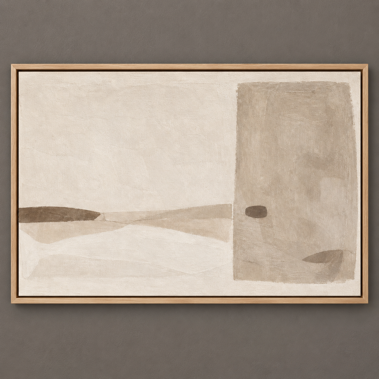 Framed taupe abstract art canvas print, studio wall shot — Quiet Threshold by Rossetti Art