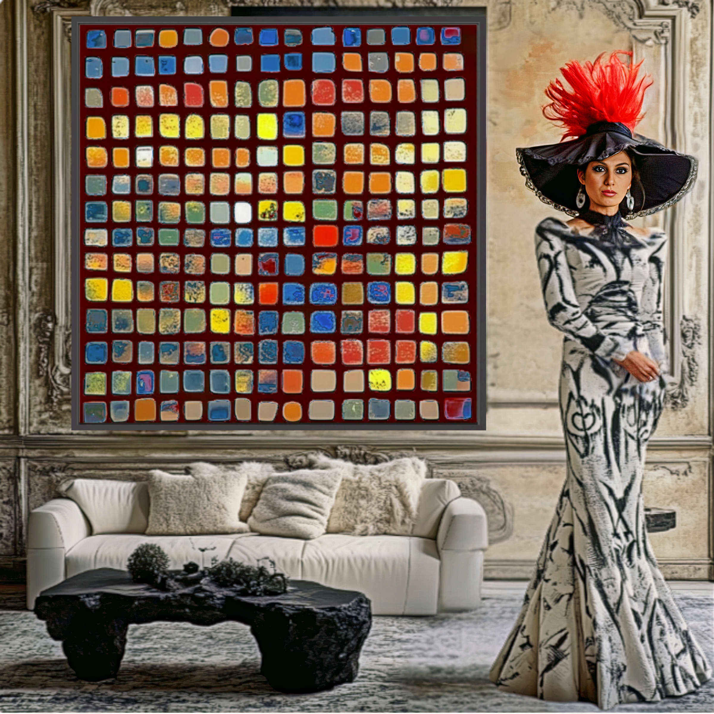 Abstract multicolor grid art with vibrant squares on black background