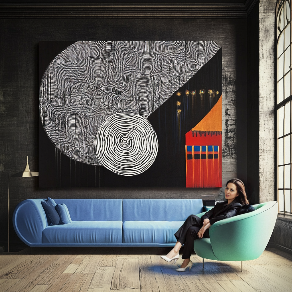 Modern abstract canvas art with black, white, and bold geometric patterns.