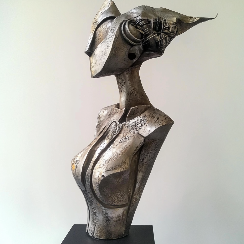 Handmade abstract fiberglass sculpture of a futuristic female bust with metallic industrial-inspired details, perfect for modern and eclectic interiors.