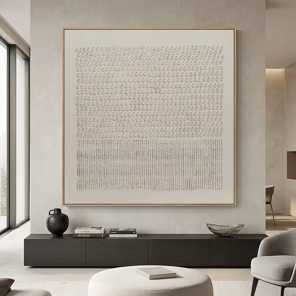 Furrowed Ground wabi sabi decor displayed above a console in a modern living room