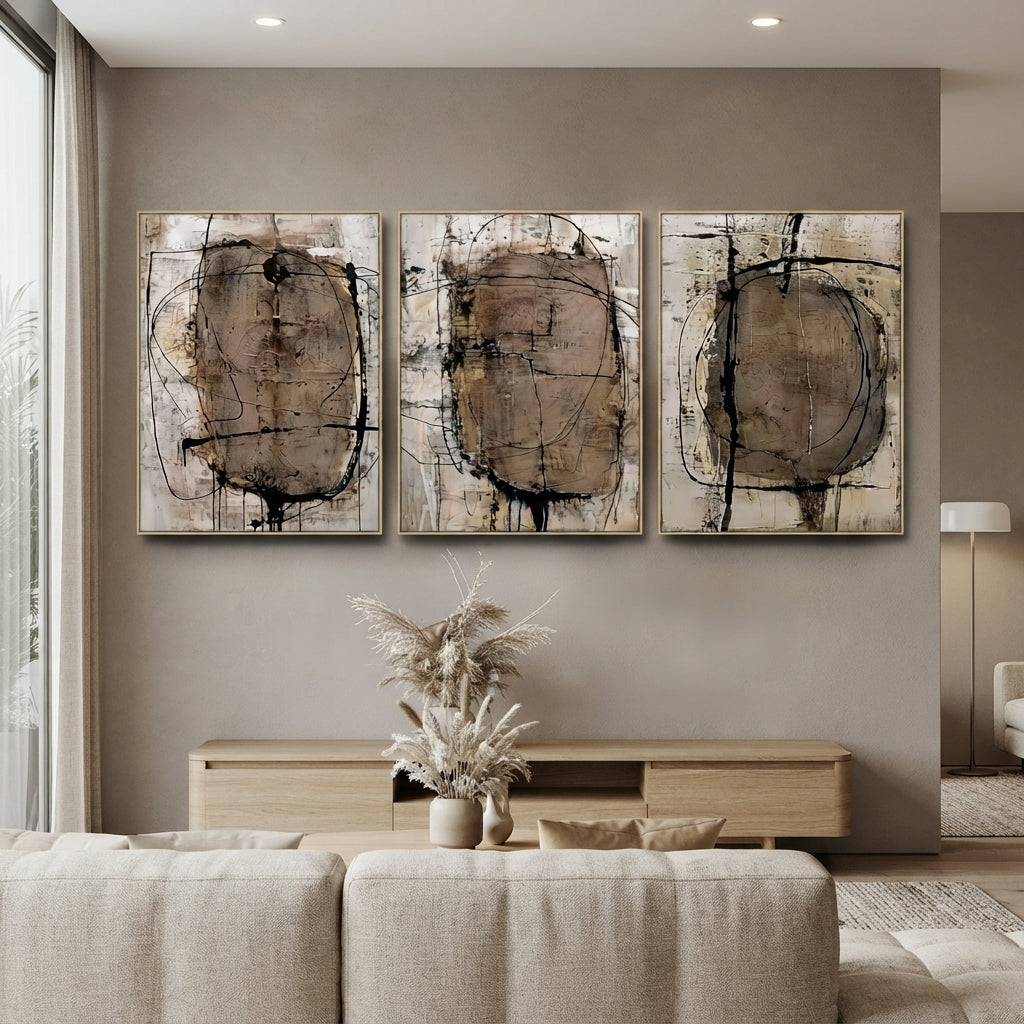 Abstract Painting Set of 3 – Weathered Formations by Rossetti Art