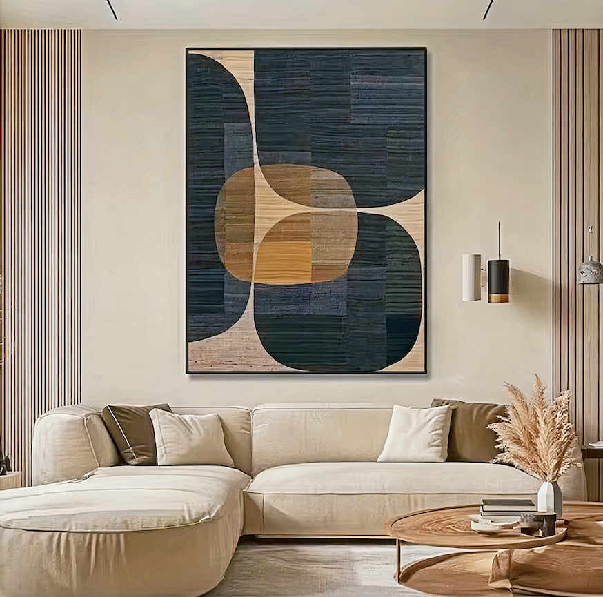 Geometric abstract canvas art with black, beige, and brown earthy tones