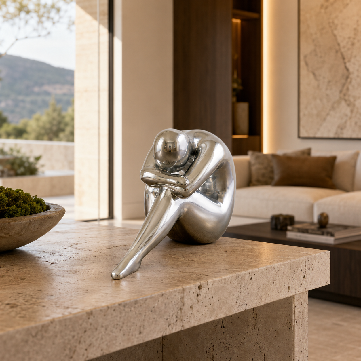 Seated Figure Sculpture Polished Steel
