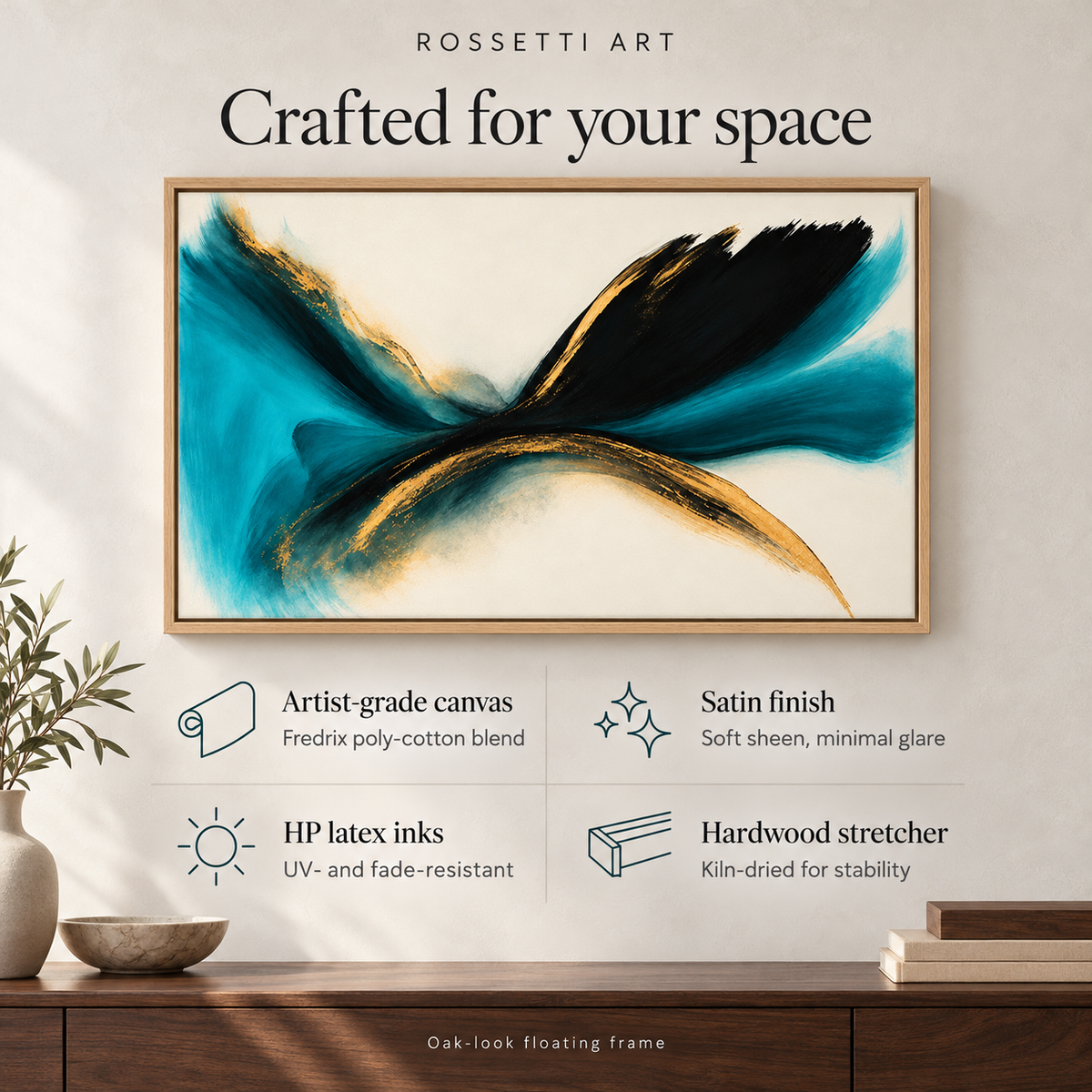 Teal and Black Abstract Wall Art - Canvas Print with Gold Accents