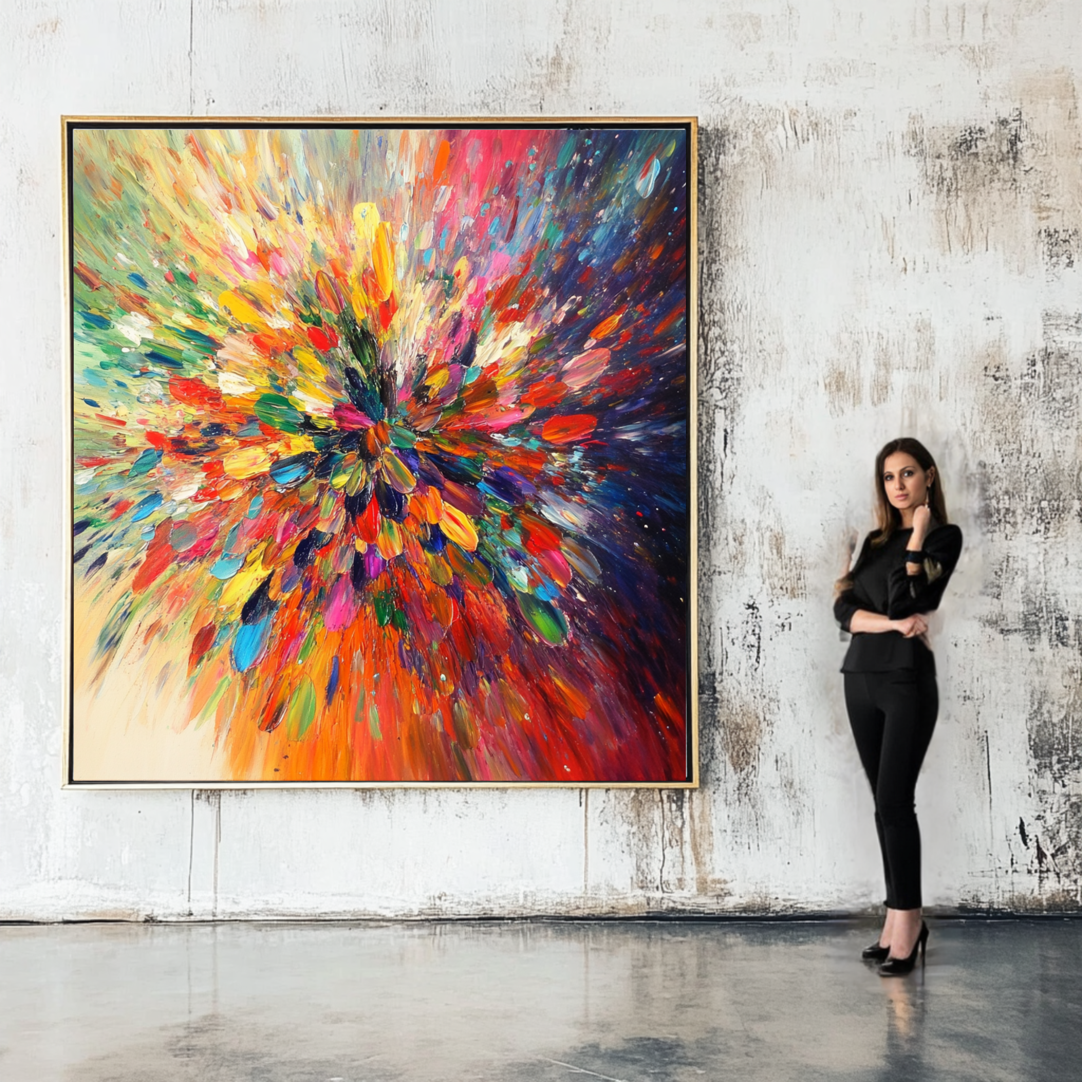 Handmade abstract painting with vibrant, multicolor brushstrokes creating an explosive design, ideal for modern and lively decor.