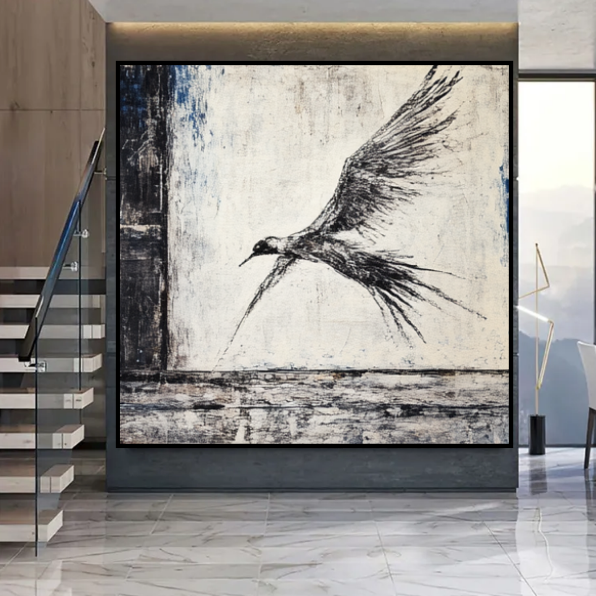 Original Painting : Abstract Bird Painting Black and White Artwork on Canvas - Chiara Rossetti