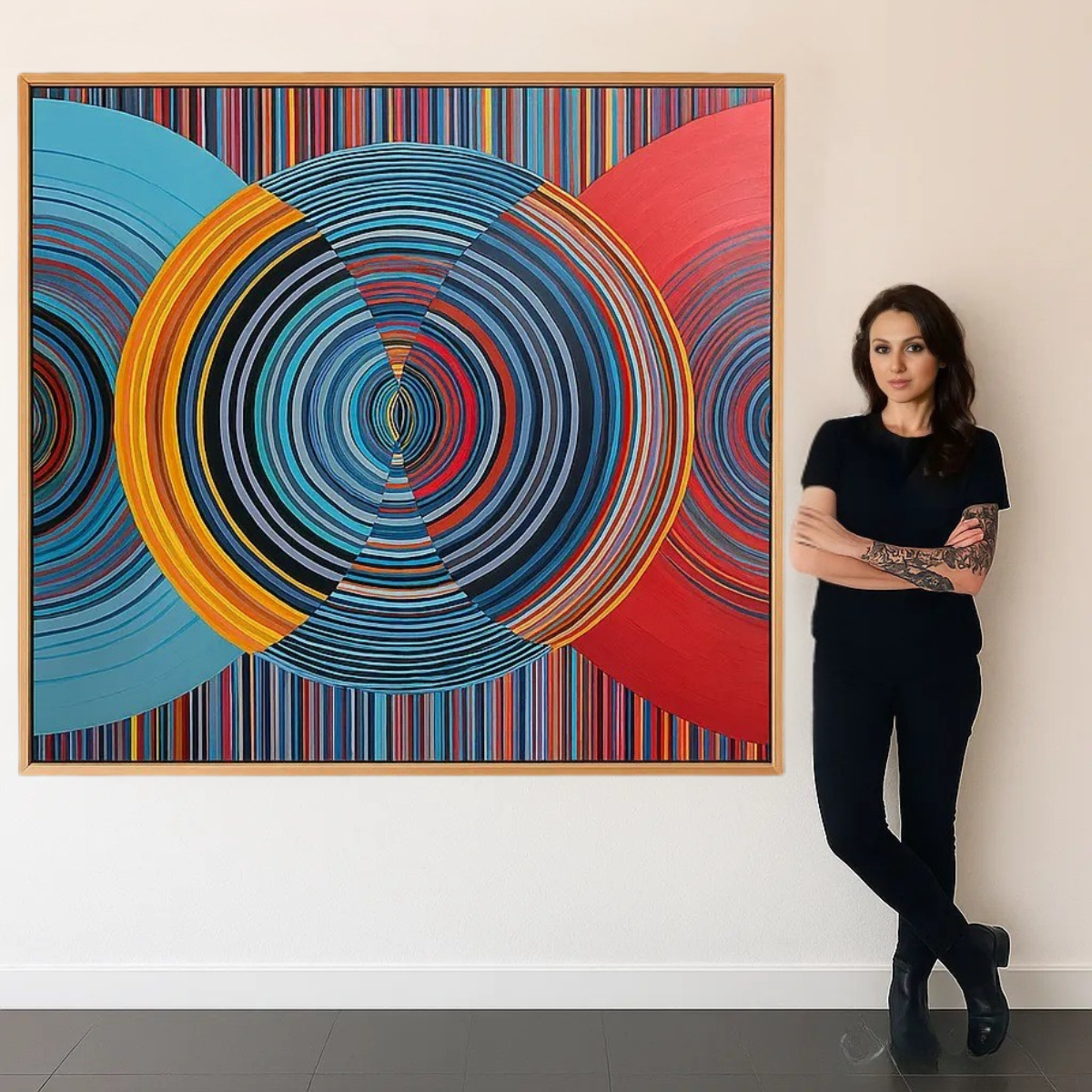 Bold vortex-style canvas art with overlapping circular patterns in vibrant red, blue & orange. “Pulse Collider” is modern wall art that makes a statement.