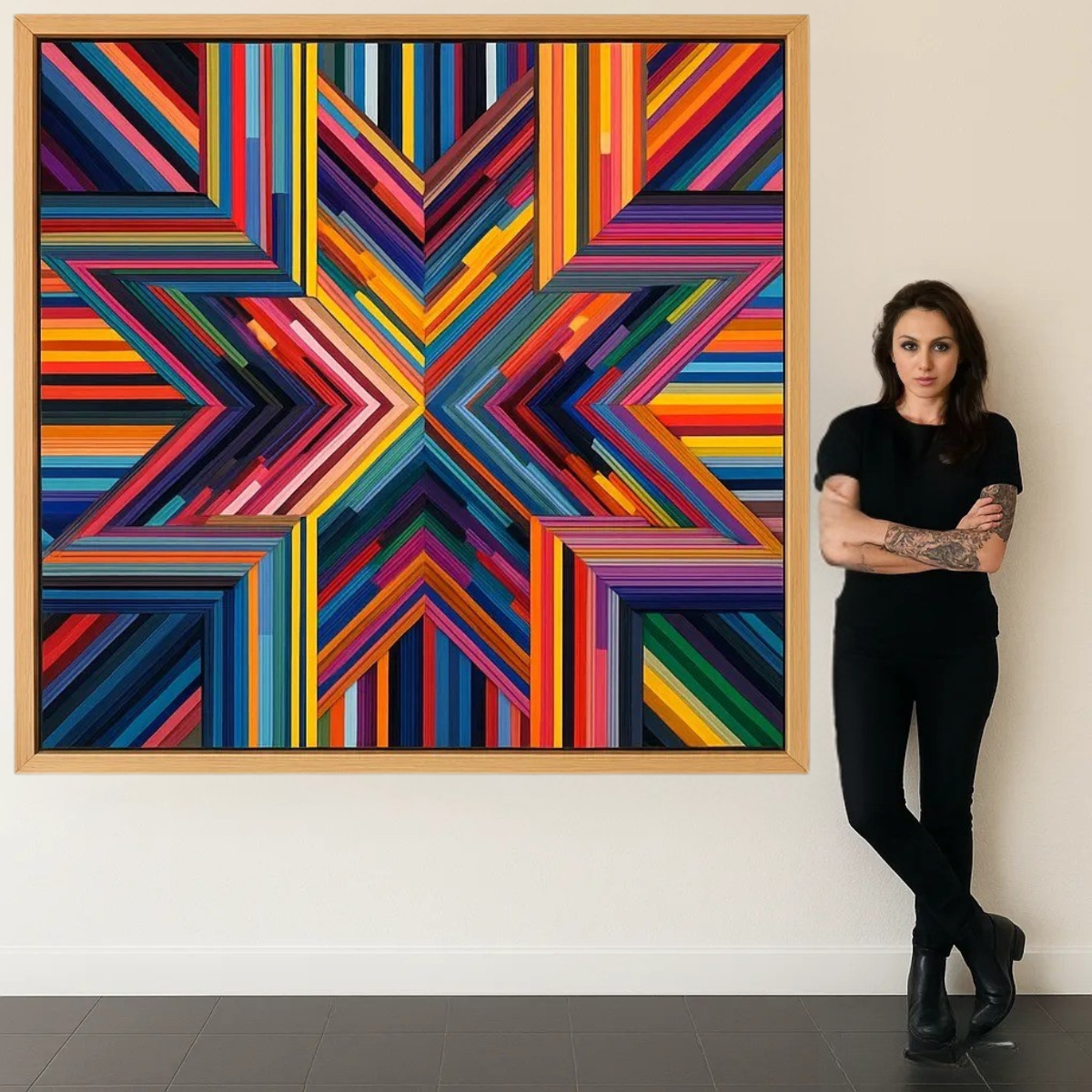 Colorful geometric canvas wall art featuring a bold, star-shaped rainbow pattern with 3D visual illusion and layered lines.