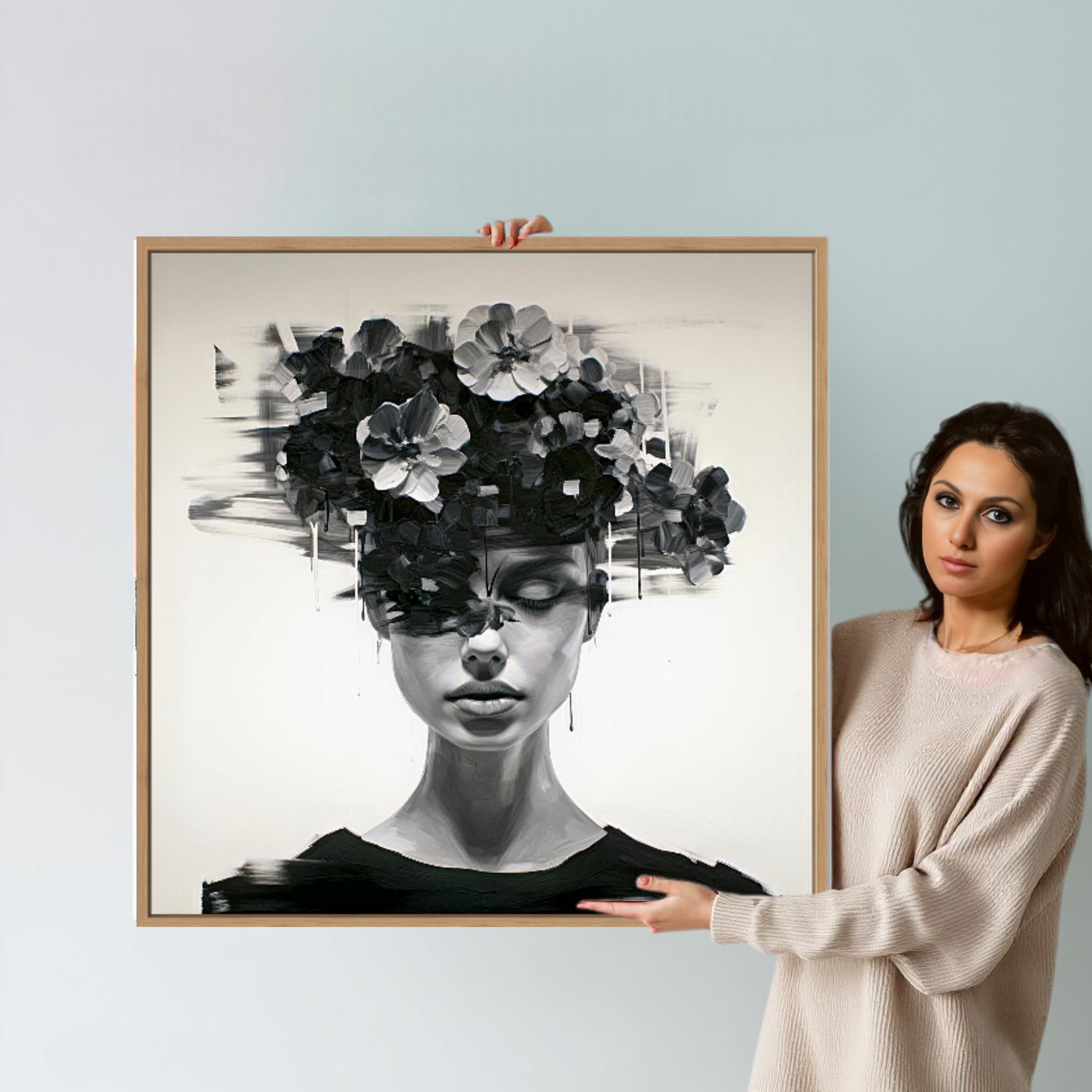 Canvas Print: Noir Bloom – Surreal Floral Portrait Wall Art