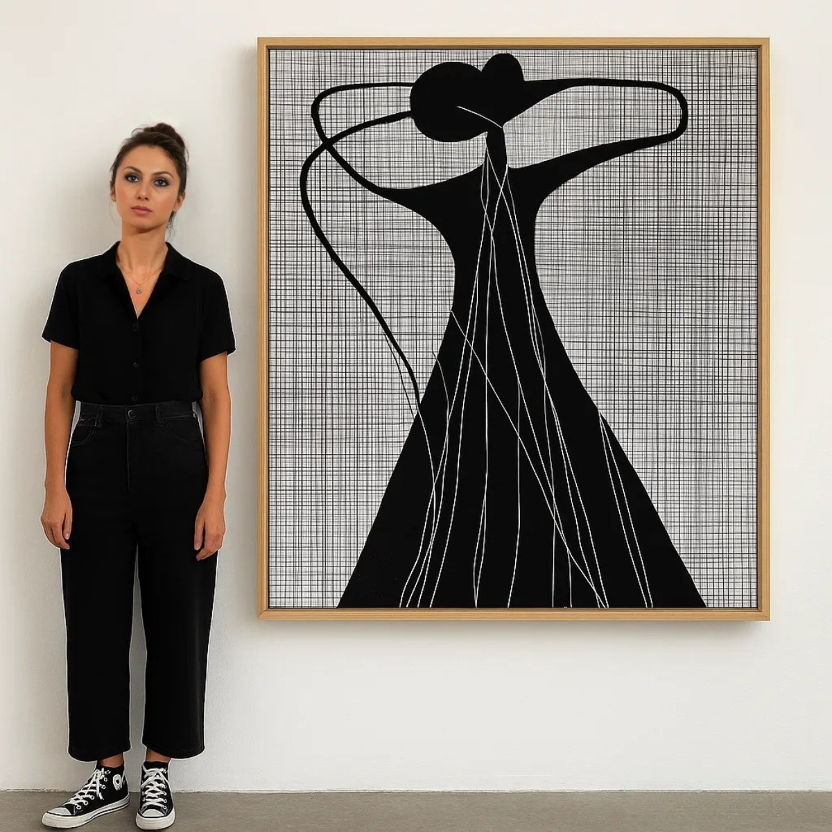 Contemporary abstract line art print titled Infinite Motion featuring flowing geometric lines in black and white minimalist style