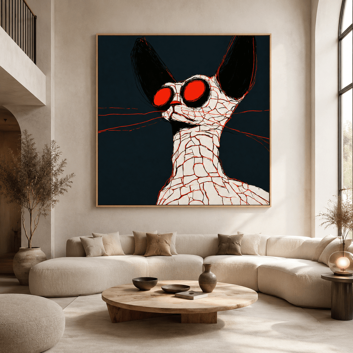 Abstract cat wall art canvas print above a sofa in a neutral living room – Fractured Ember by Rossetti Art