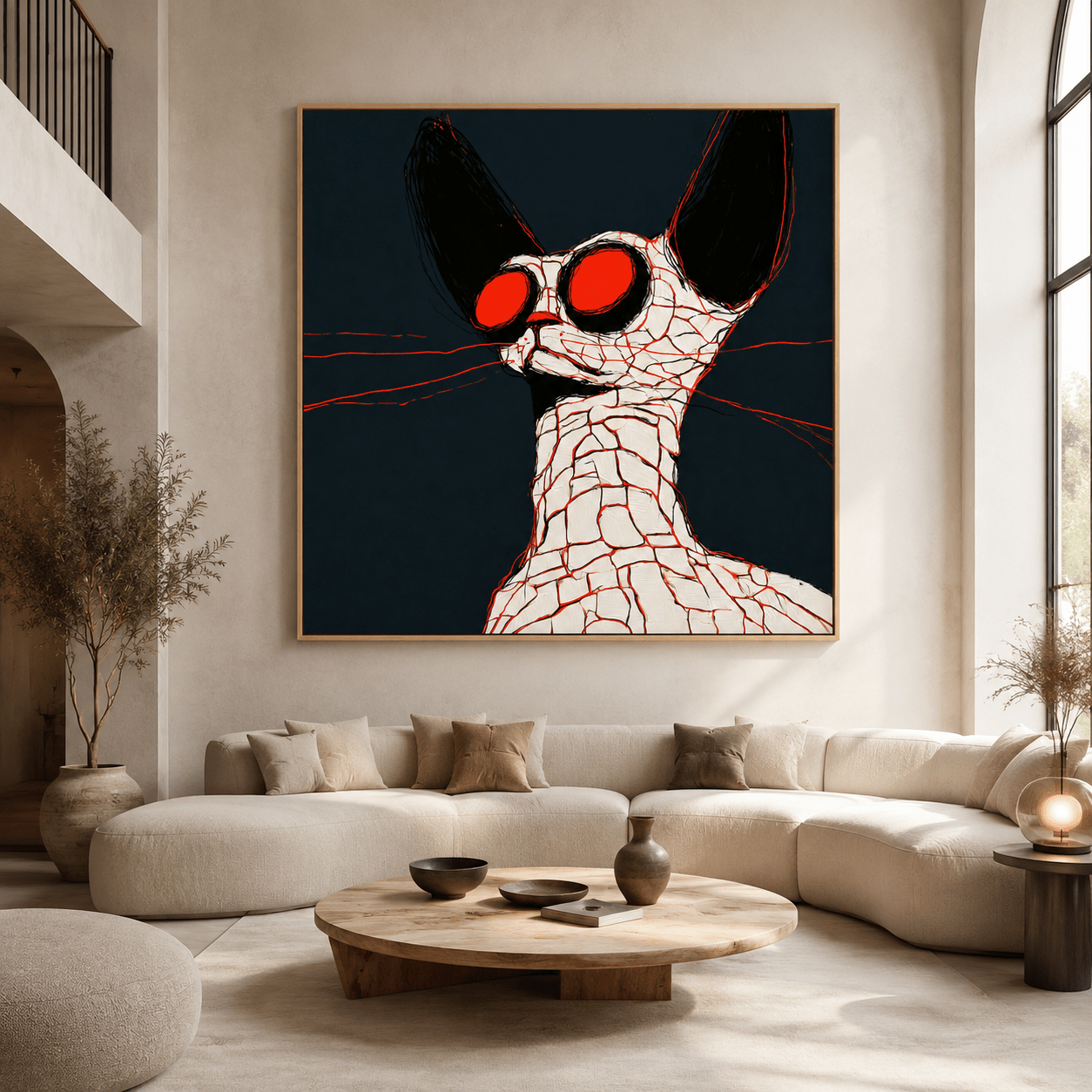 Abstract cat wall art canvas print above a sofa in a neutral living room – Fractured Ember by Rossetti Art