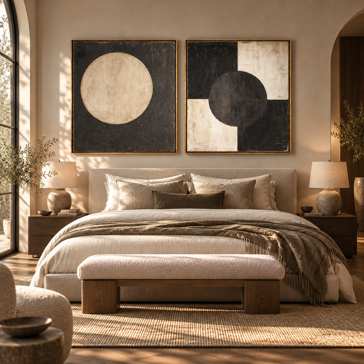 Abstract circle art pair above a bed in a warm neutral bedroom – Eclipse Pair by Rossetti Art