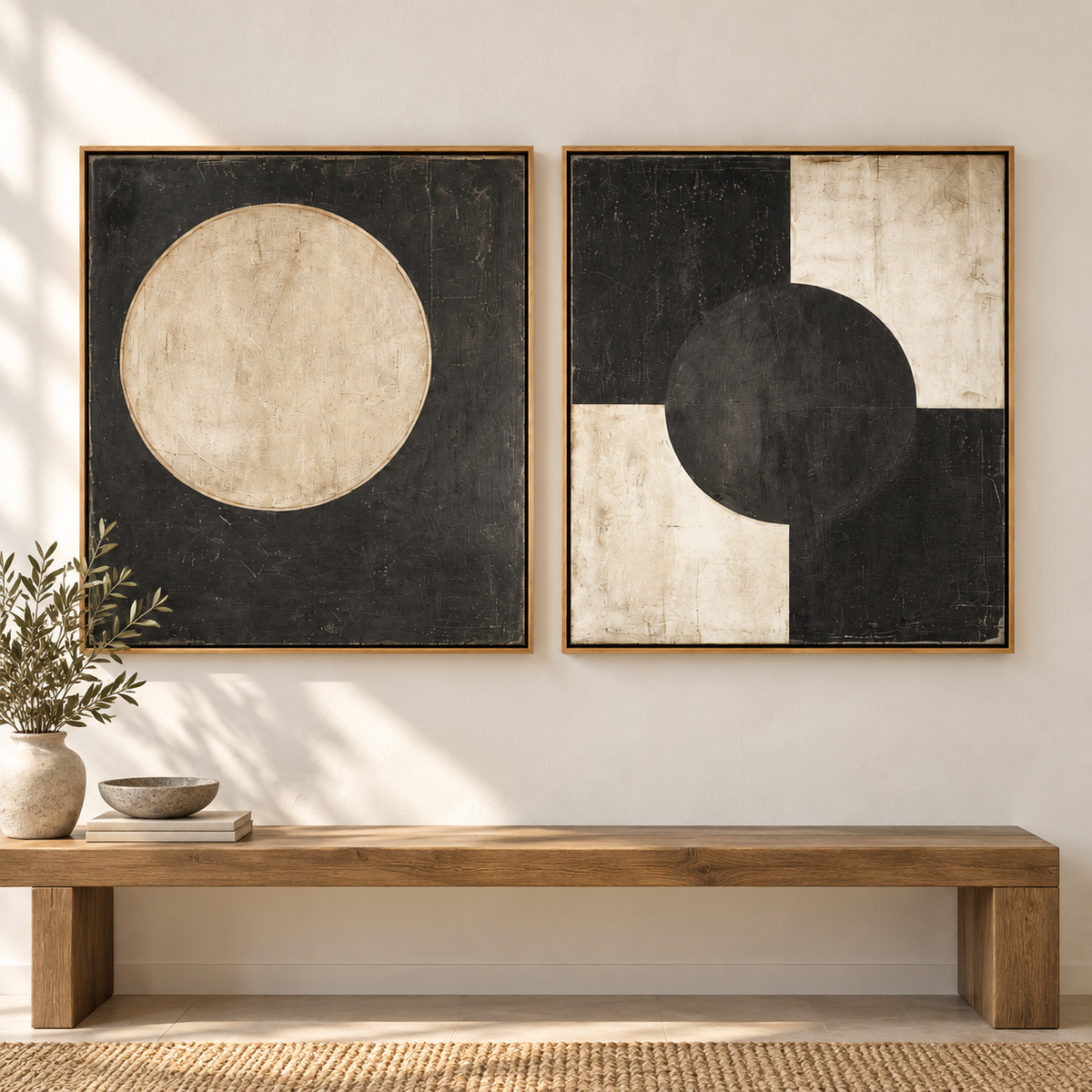 Abstract circle art set of two black and cream square originals above a wooden bench – Eclipse Pair by Rossetti Art