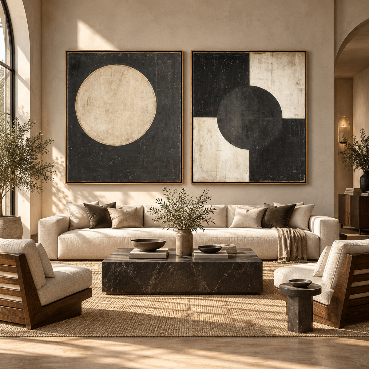 Abstract circle art pair above a cream sofa in a warm living room – Eclipse Pair by Rossetti Art