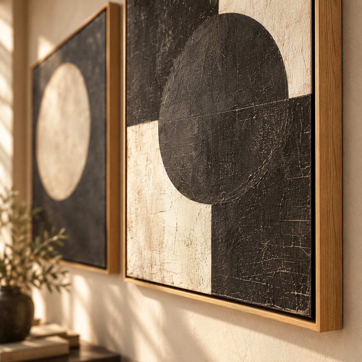 Close-up of textured black and cream geometric painting in a wood floater frame – Eclipse Pair by Rossetti Art