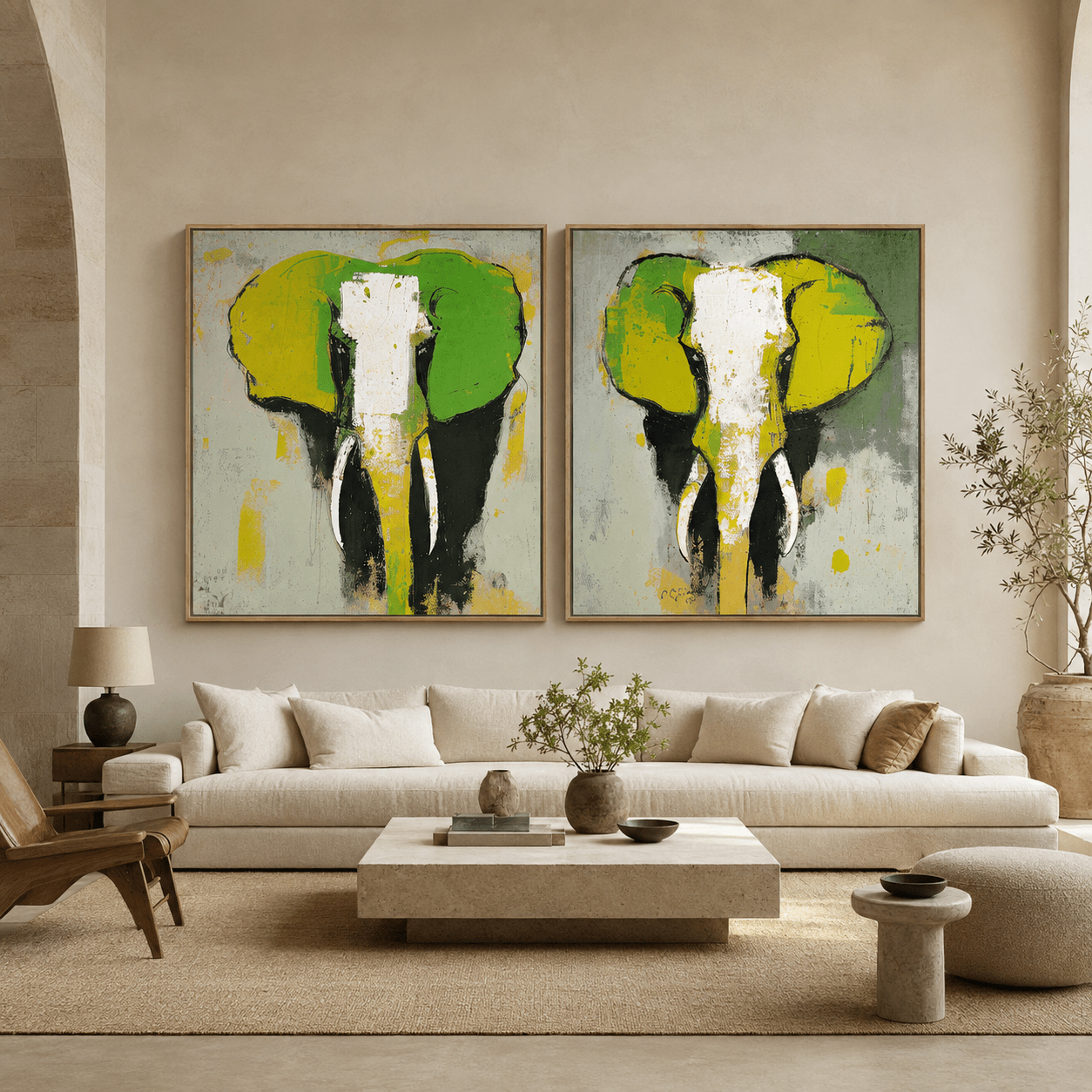 Abstract Elephant Painting — Emerald Herd (Set of 2)