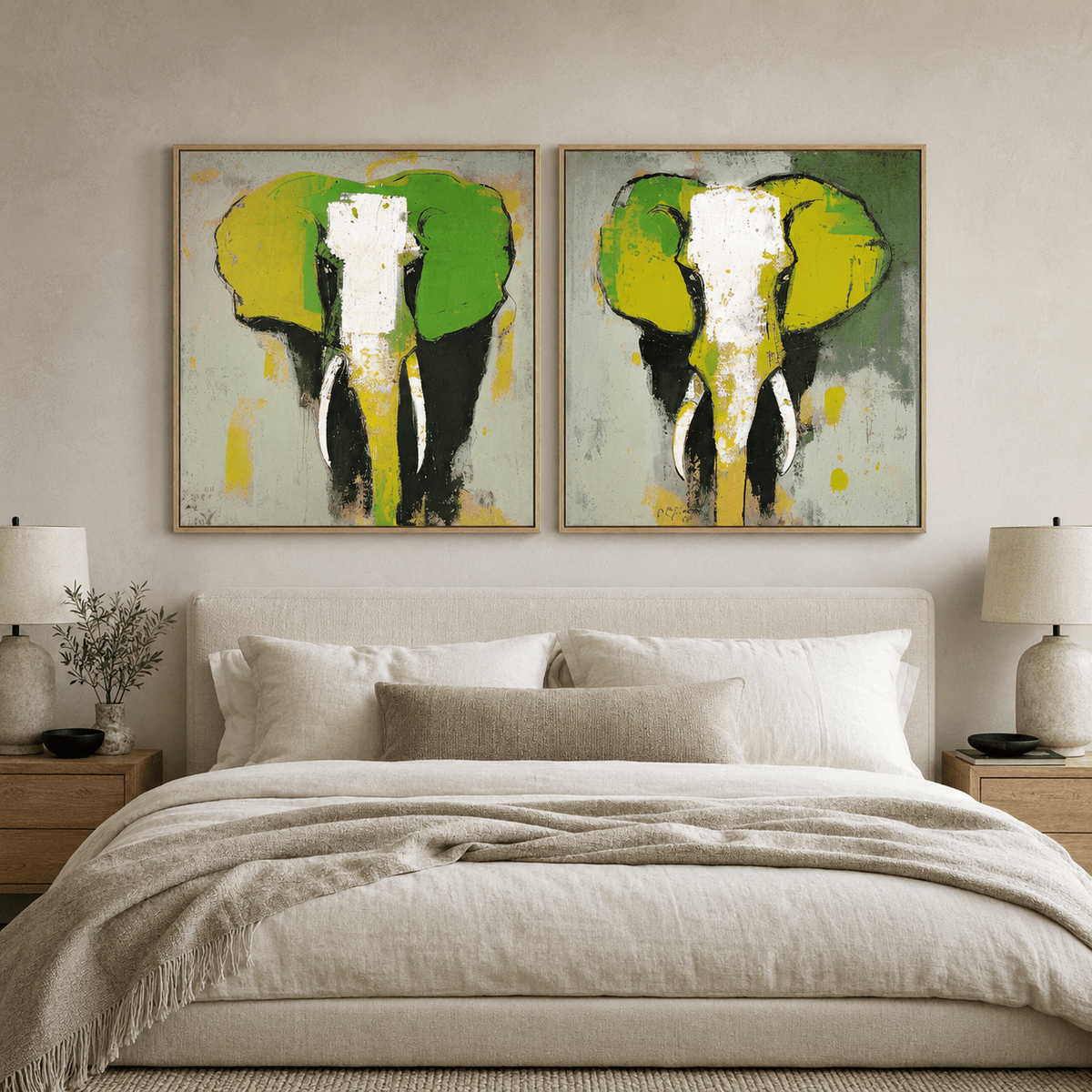 Abstract Elephant Painting — Emerald Herd (Set of 2)
