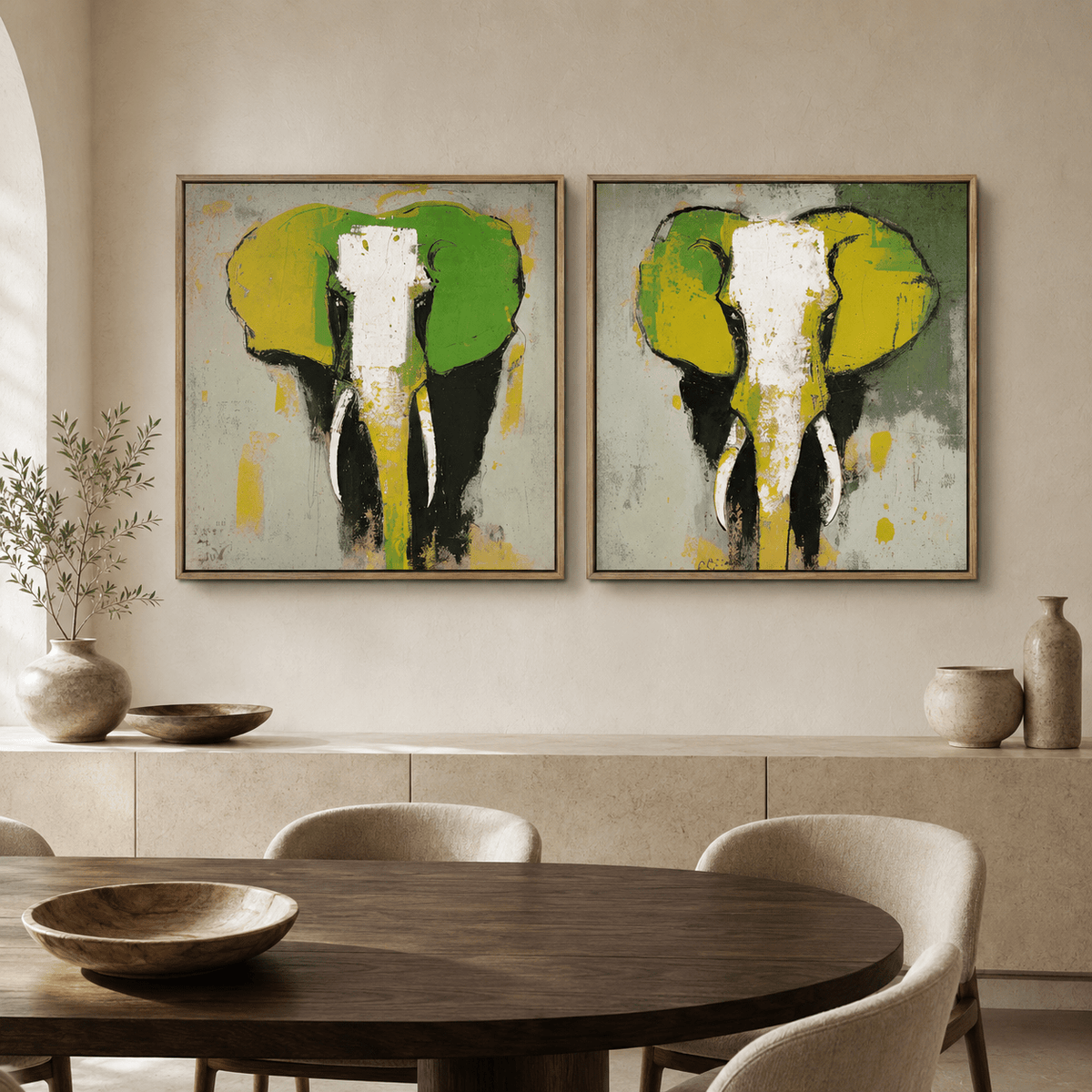 Abstract Elephant Painting — Emerald Herd (Set of 2)