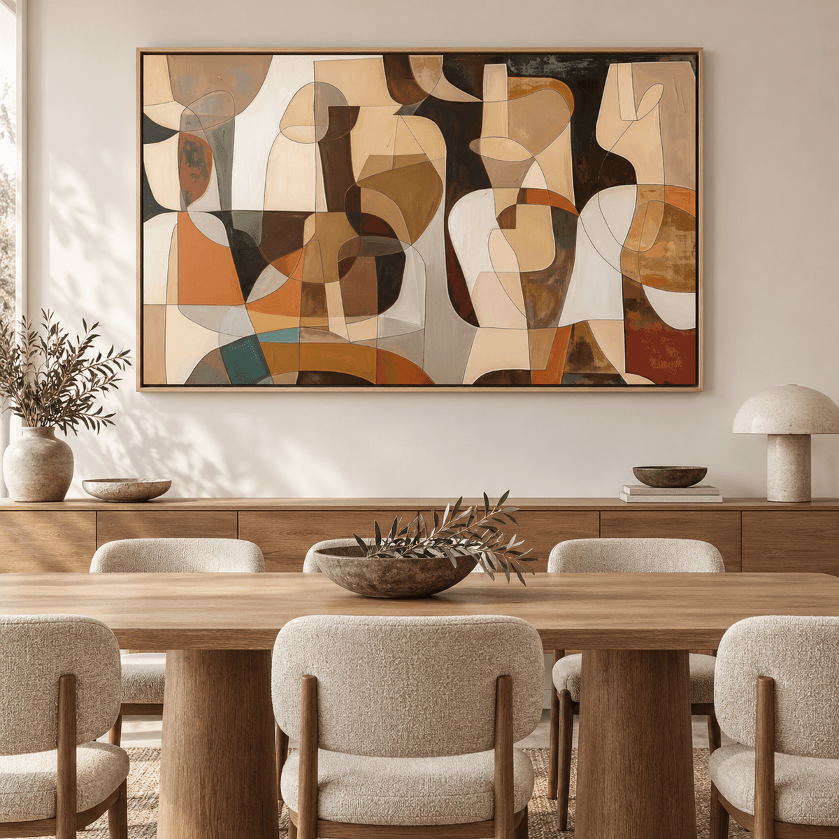 Abstract figures painting hung above a dining table in a warm neutral dining room – Terracotta Assembly by Rossetti Art