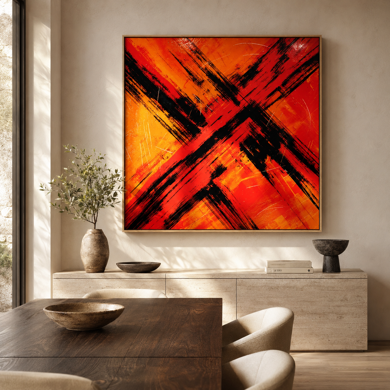 Abstract fire painting with red, orange, and black crossing brushstrokes – Crossfire by Rossetti Art, above a dining room sideboard
