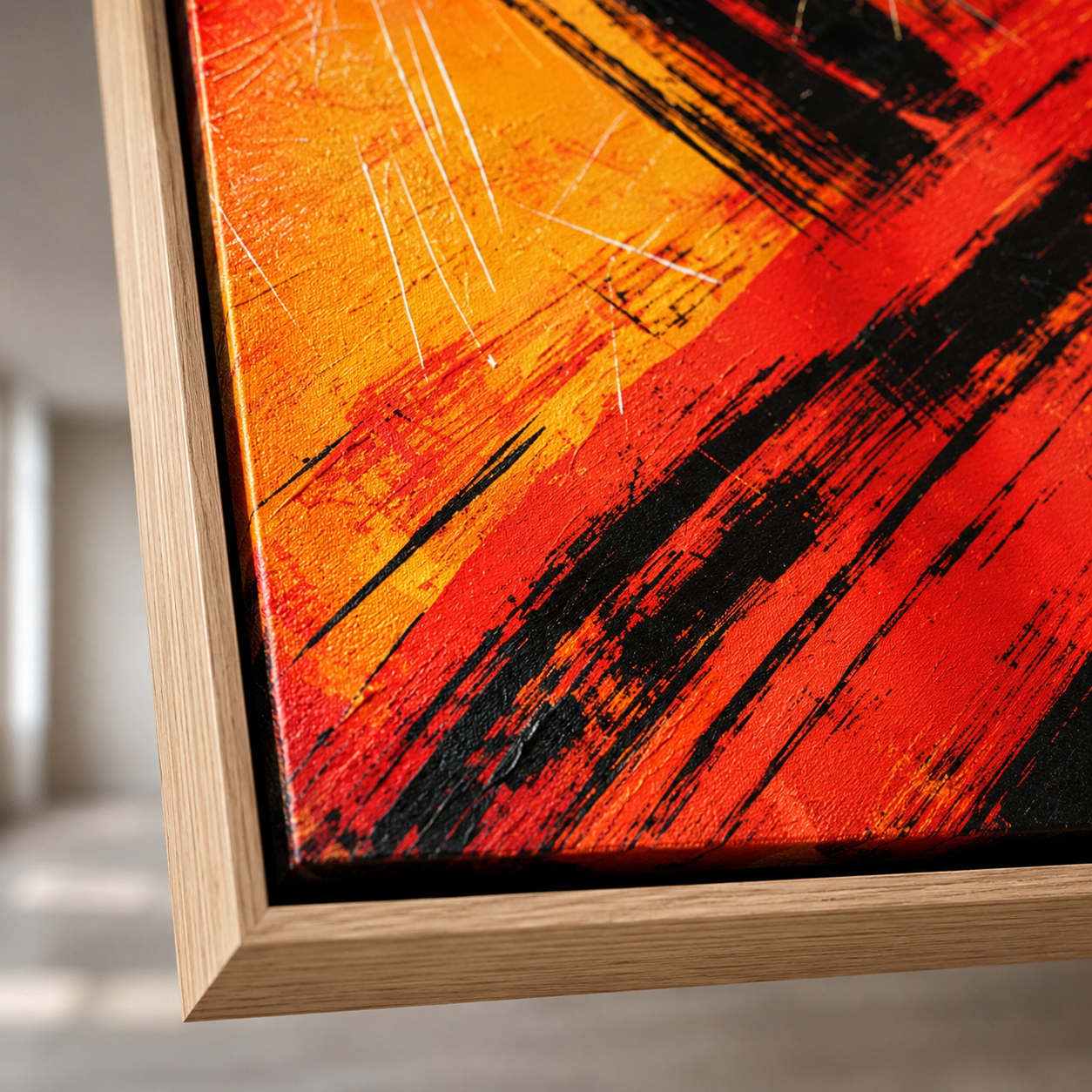 Close-up of the textured canvas and natural oak frame corner – Crossfire by Rossetti Art