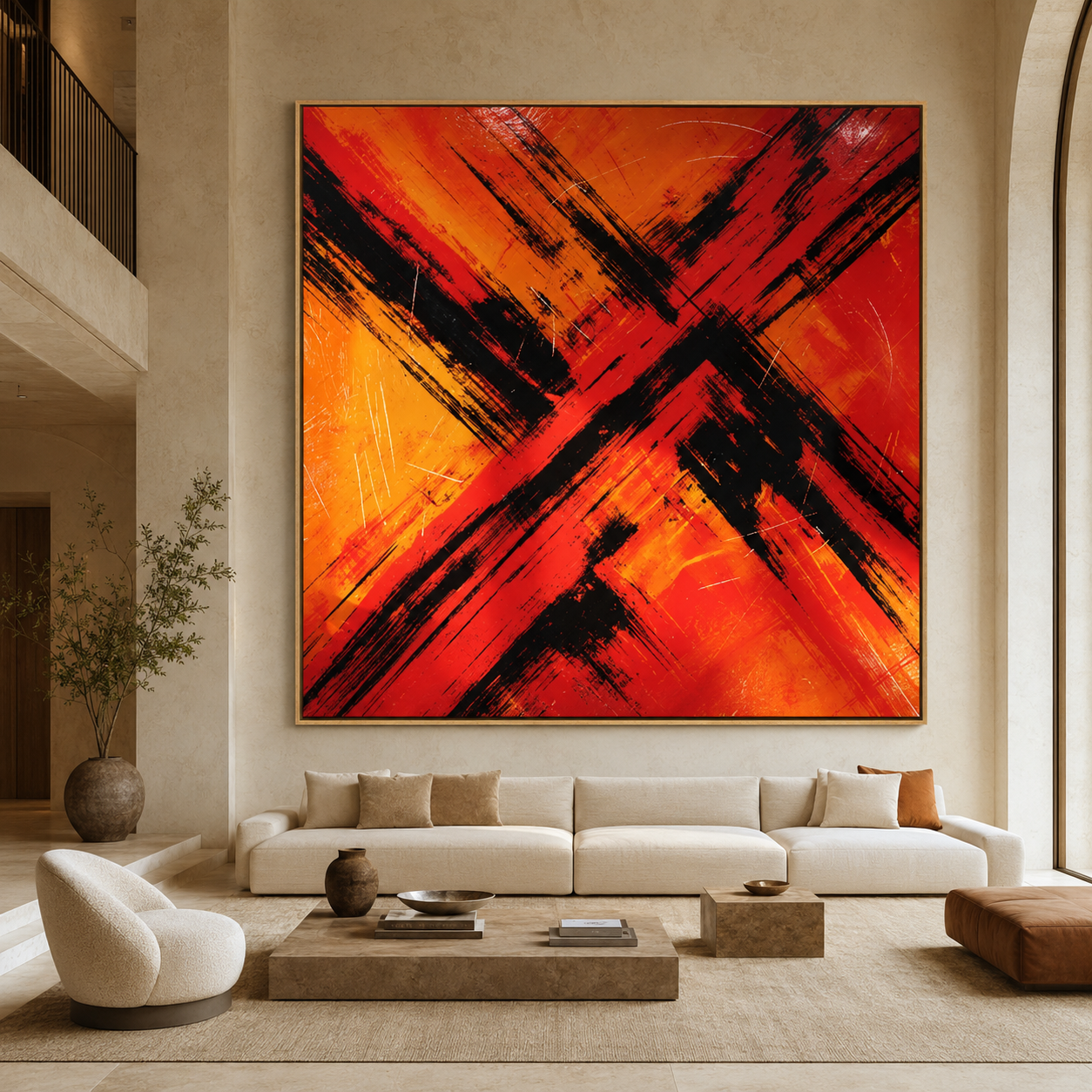Abstract fire painting with red, orange, and black crossing brushstrokes – Crossfire by Rossetti Art, in a modern living room with high ceilings
