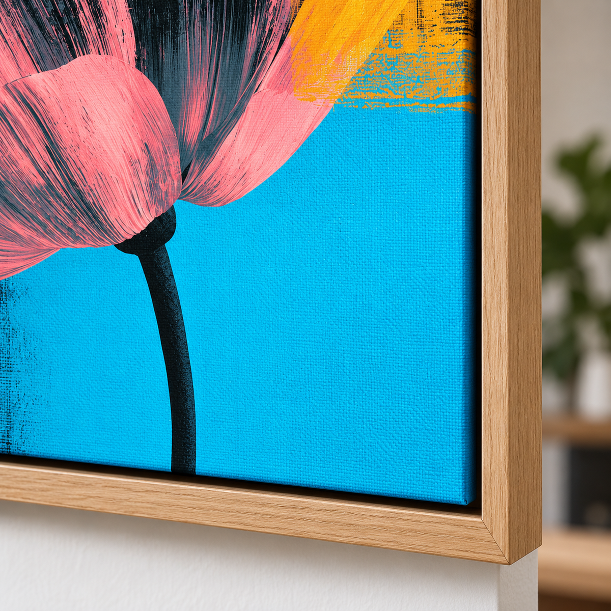 Abstract Flower Wall Art – Petal Strike, cyan and pink canvas with oak floater frame corner detail by Rossetti Art