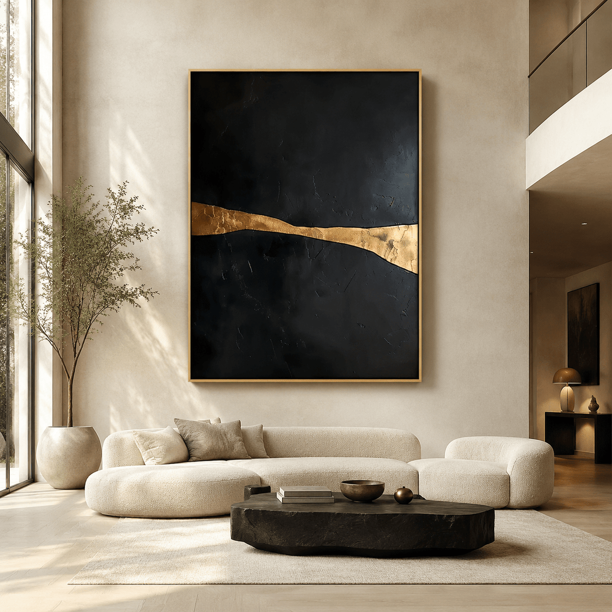 Golden Fault Line abstract landscape painting above a sofa in a sunlit living room – Rossetti Art