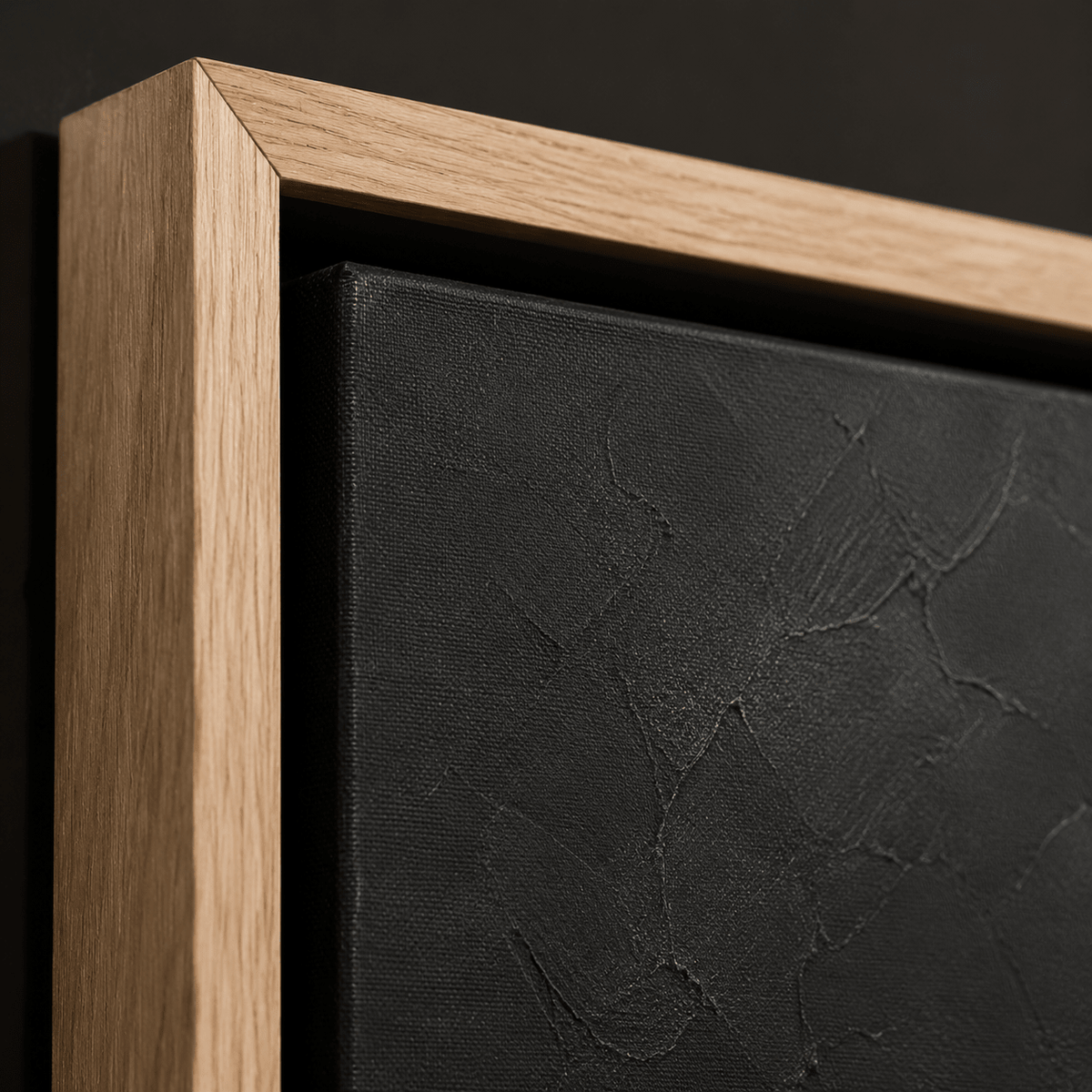 Close-up detail of the palette-knife texture and oak frame corner on Golden Fault Line – Rossetti Art