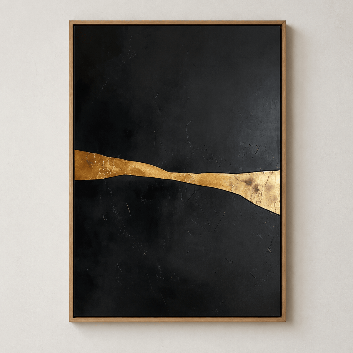 Golden Fault Line abstract landscape painting in an oak floater frame on a plain wall – Rossetti Art
