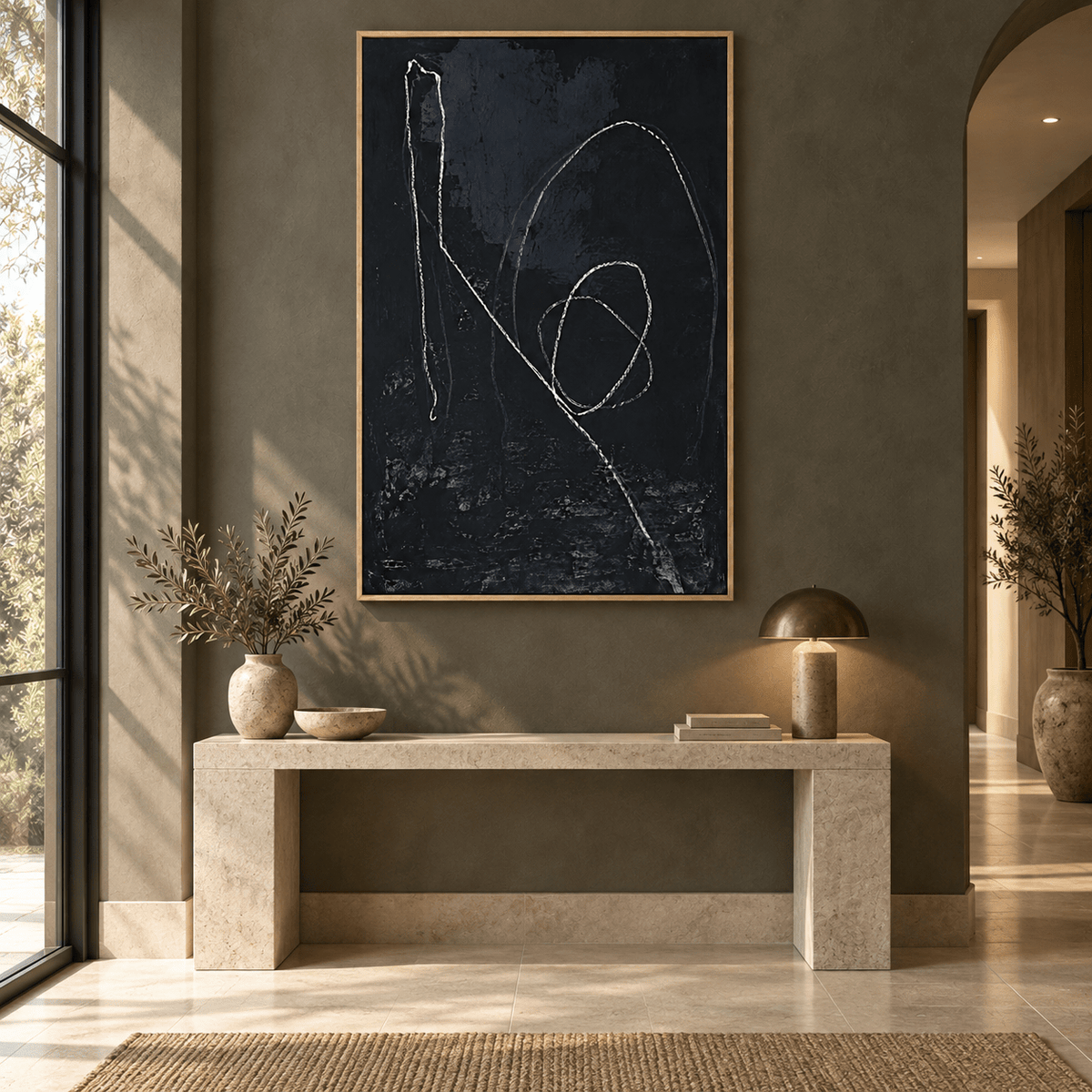 Abstract line drawing hanging above a console table in an entryway – Loose Thread by Rossetti Art