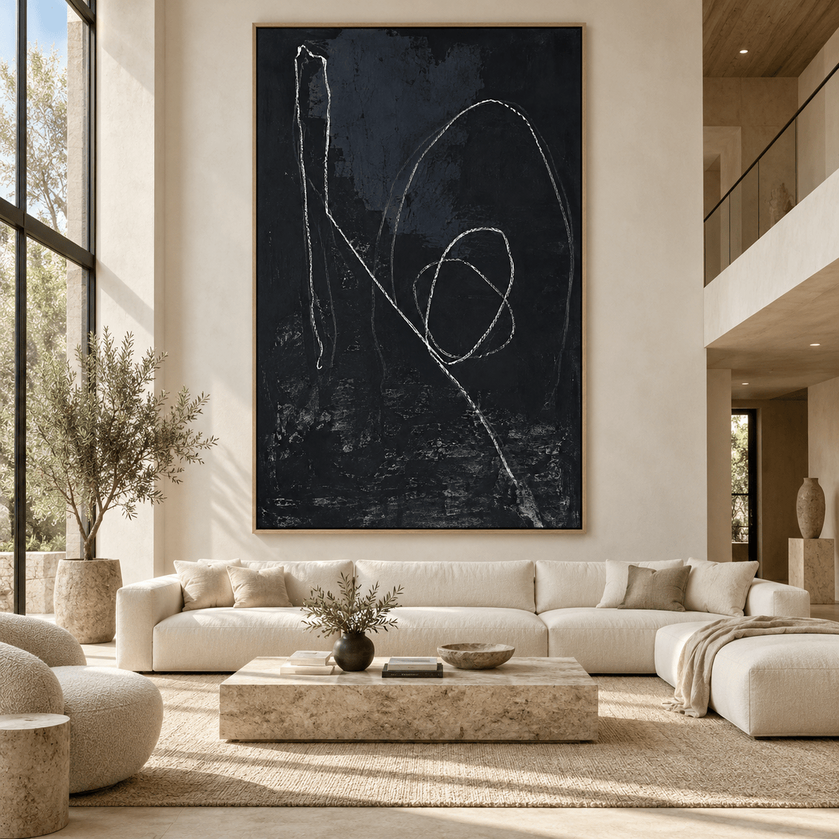 Minimalist abstract line drawing hanging above a sectional sofa in a living room – Loose Thread by Rossetti Art