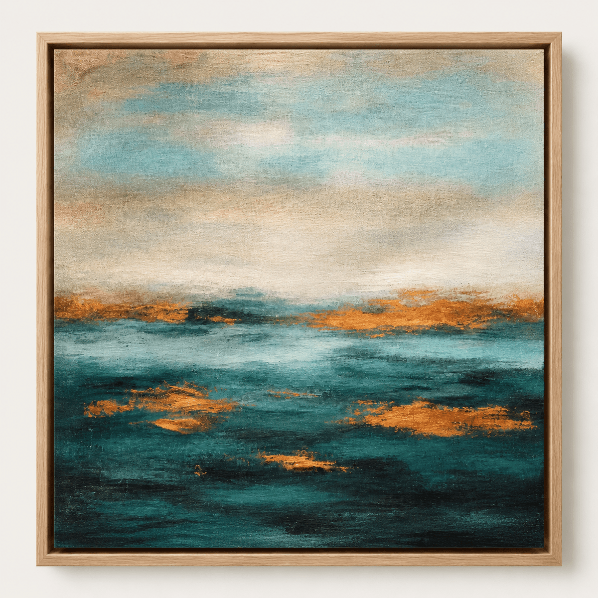 Abstract ocean wall art in an oak floater frame – Golden Tide by Rossetti Art