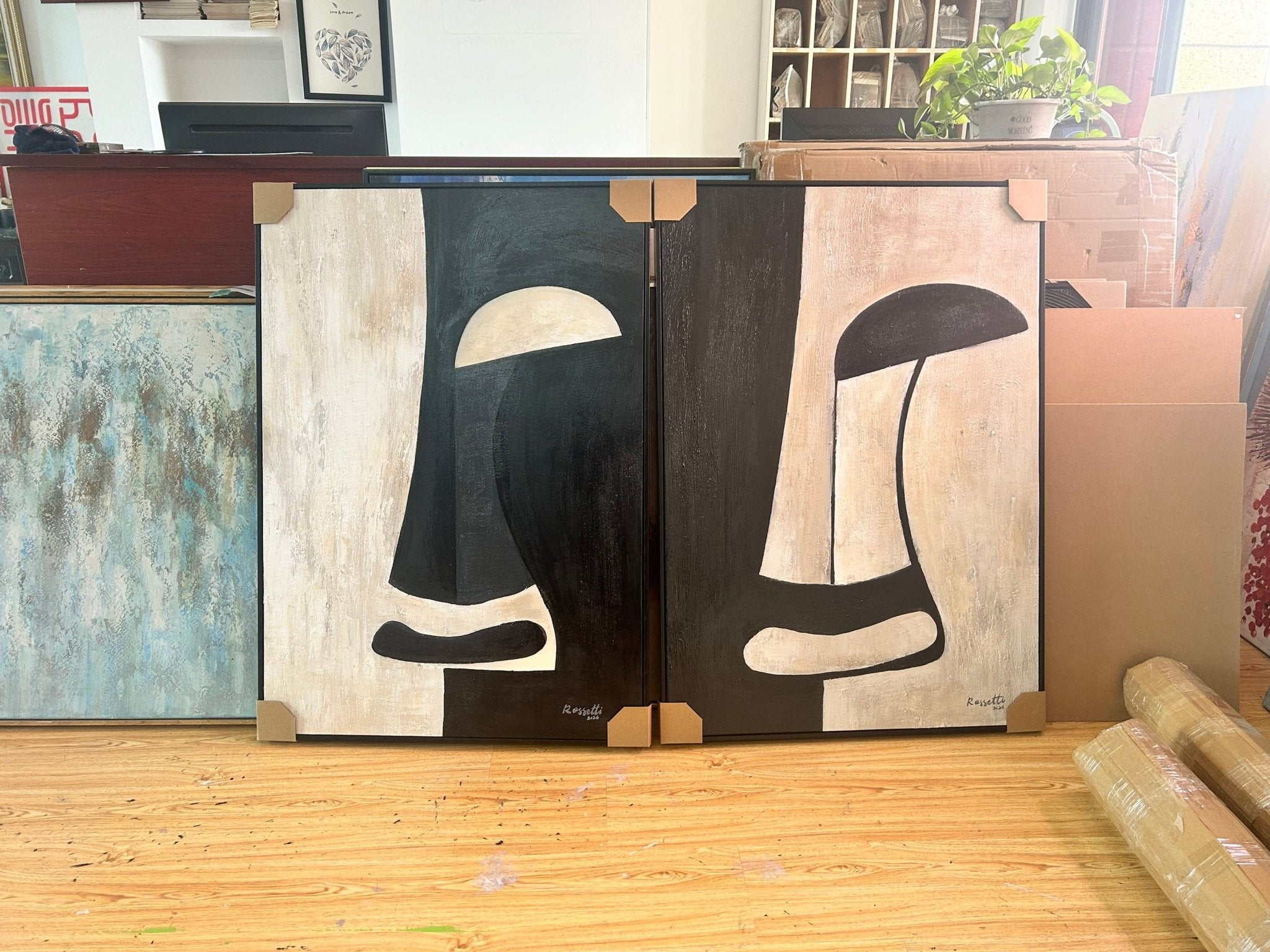 Abstract Painting Set of 2 - Monochrome Dialogue Diptych