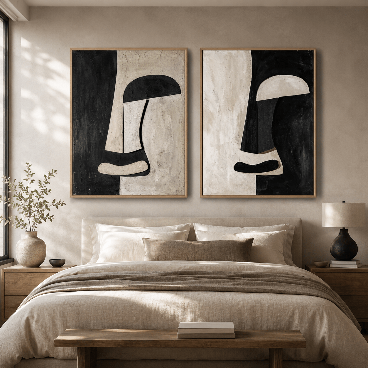 Abstract Painting Set of 2 - Monochrome Dialogue Diptych