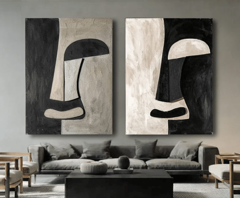 Abstract Painting Set of 2 - Monochrome Dialogue Diptych