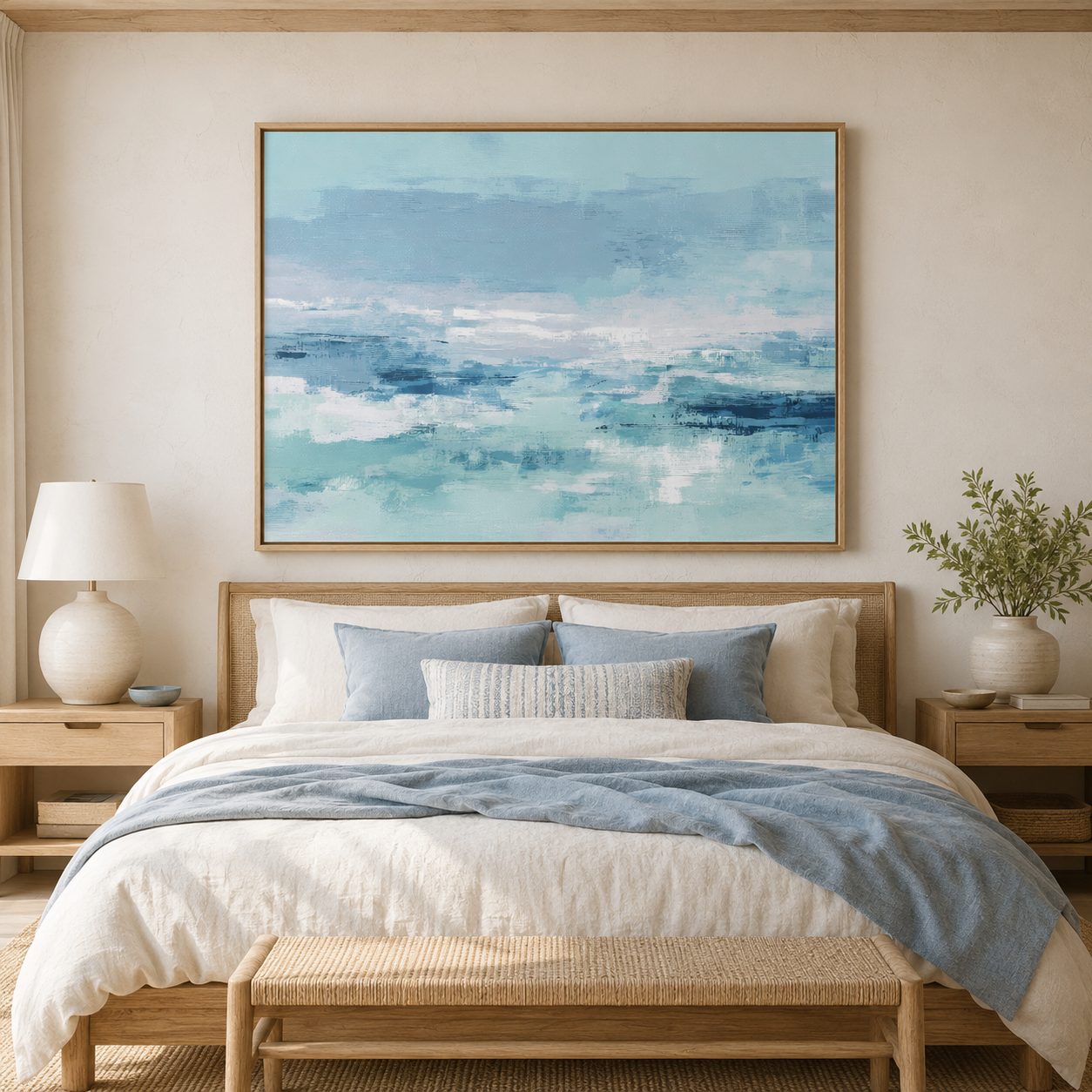 Abstract seascape painting in powder blue and seafoam teal above a coastal bedroom bed – Quiet Tide by Rossetti Art