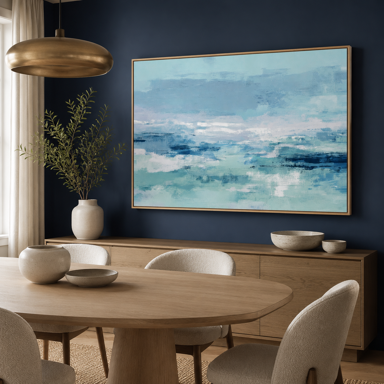 Abstract seascape painting in powder blue and seafoam teal on a navy dining room wall – Quiet Tide by Rossetti Art