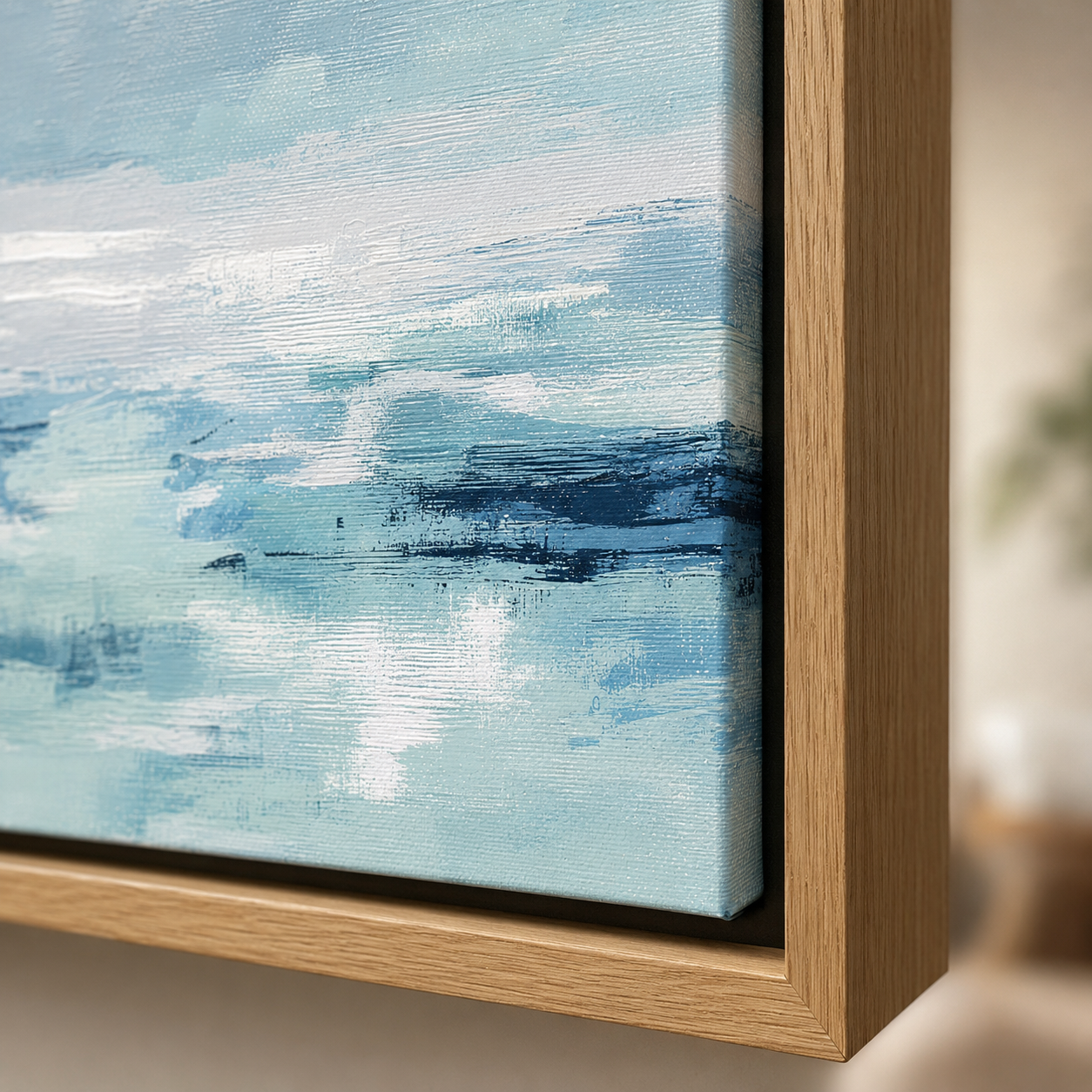 Abstract seascape painting canvas and wood floater frame corner detail – Quiet Tide by Rossetti Art