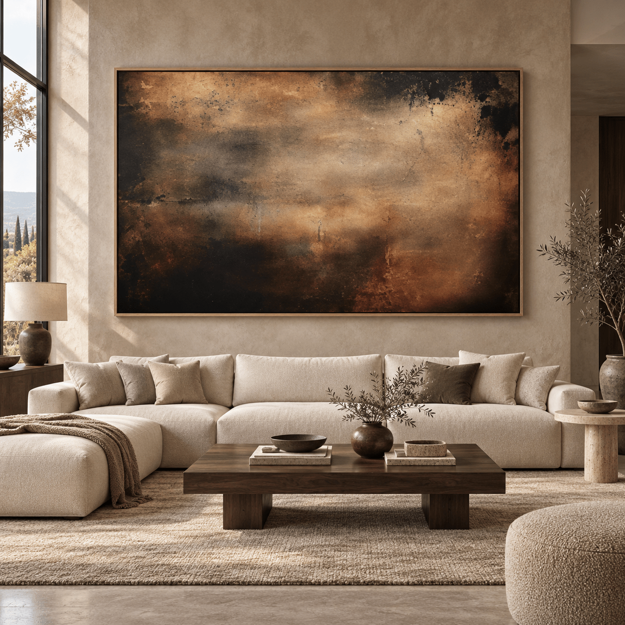 Abstract sky painting above a living room sofa – Ember Veil by Rossetti Art