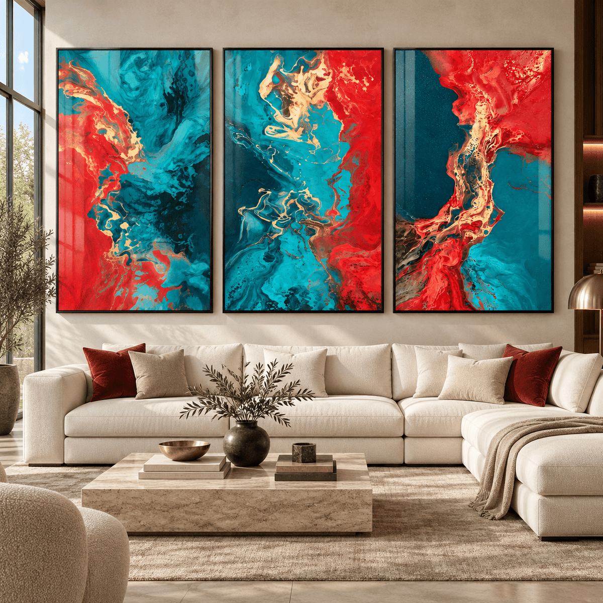 3 piece wall art – set of 3 red, turquoise and gold fluid abstract acrylic prints in black frames above a cream sectional sofa by Rossetti Art